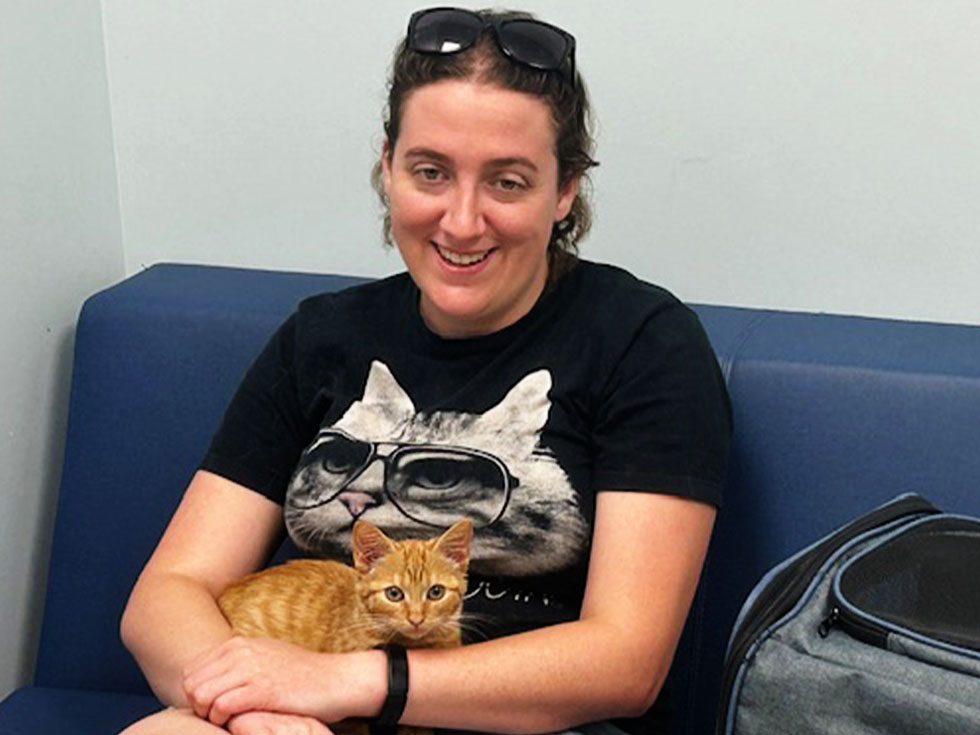 woman holding her adorable kitty orange scottish fold cat